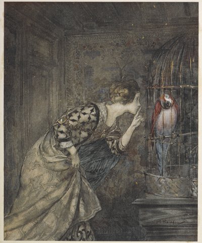梅-科尔文和笼子里的鹦鹉 作者 亚瑟·拉克汉姆（Arthur Rackham）