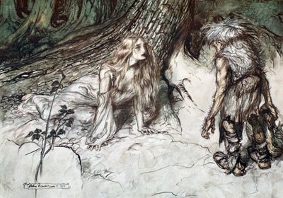 米姆在森林中找到齐格弗里德的母亲》，1924年。   作者 亚瑟·拉克汉姆（Arthur Rackham）