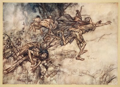 哎呀！哦奇怪！我们闹鬼。祈祷，大师！飞，大师！帮助！，威廉·莎士比亚的“仲夏夜之梦”中的插图，1908年 作者 亚瑟·拉克汉姆（Arthur Rackham）