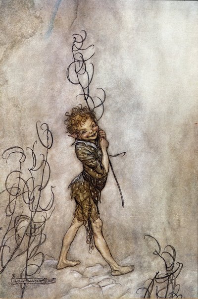 该剧的帕克角色。 威廉·莎士比亚的《夏夜之梦》插图 作者 Arthur Rackham