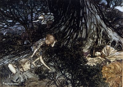 帕克在熟睡角色的眼睑上放了一个魔法滤镜。 亚瑟·拉克汉姆 (1867-1939) 为威廉·莎士比亚的夏夜之梦绘制的插图 作者 亚瑟·拉克汉姆（Arthur Rackham）
