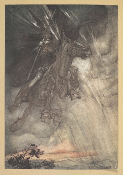 "咆哮的沃坦骑向岩石他像狂风一样袭来！" 作者 亚瑟·拉克汉姆（Arthur Rackham）