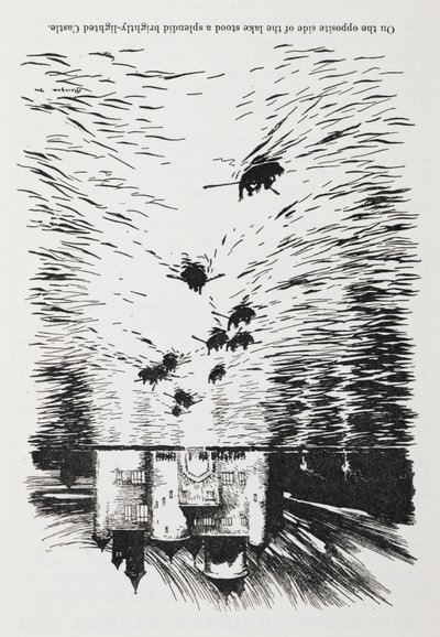 Rowing boats on a river approaching a castle at night. 作者 亚瑟·拉克汉姆（Arthur Rackham）