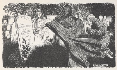 晚上，斯克鲁奇和墓地里的鬼魂。 作者 亚瑟·拉克汉姆（Arthur Rackham）