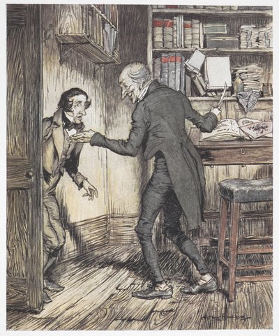 史古治在办公室写作，另一个人走进来 作者 亚瑟·拉克汉姆（Arthur Rackham）