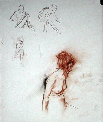 坐着的裸体（纸上的钢笔、墨水、红色和黑色粉笔 作者 Arthur Rackham