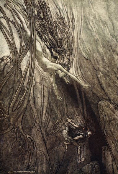 抓住掠夺者！拯救黄金！帮我们！帮我们！祸！祸！来自&39;The Rhinegold and the Valkyrie&39;的插图，1910年 作者 Arthur Rackham