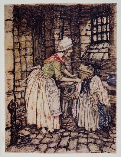 她用披肩褶皱整理了披肩，并将生锈的帽子的绳子绑在下巴下，由Kenneth Grahame（1859  -  1932年），酒吧中的Wind in the Willows。 1940年 作者 亚瑟·拉克汉姆（Arthur Rackham）