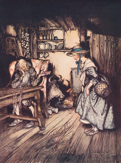 她非常漂亮地请求允许在那里过夜。 亚瑟·拉克姆 (Arthur Rackham) 为格林童话《森林中的小屋》绘制的插图，出版于 19 世纪末。 作者 亚瑟·拉克汉姆（Arthur Rackham）