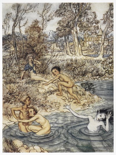 “她遇到了一大群小孩子”。 故事“小美人鱼”的彩色插图。 作者 亚瑟·拉克汉姆（Arthur Rackham）