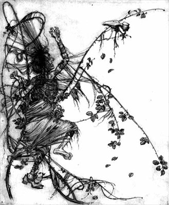 "无论她喜欢与否，她都必须跳舞"，格林兄弟童话《甜心罗兰》中的插图。 作者 Arthur Rackham