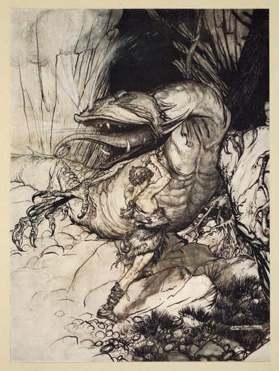 齐格弗里德杀死了Fafner，插图来自&39;Siegfried和众神的暮光&39;，1924年 作者 Arthur Rackham