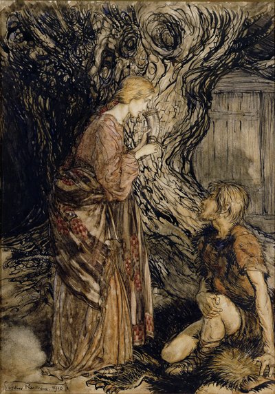 Siegmund和Sieglinde，来自Rhinegold的插图和Valkyrie的理查德·瓦格纳，Heinemann，1910年（笔和墨水在纸上写着） 作者 亚瑟·拉克汉姆（Arthur Rackham）