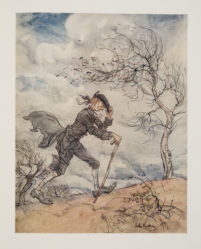 在刮风的日子沿着山丘的轮廓展开..来自Washngton Irving（1783  -  1859）的酒吧。 1928年 作者 亚瑟·拉克汉姆（Arthur Rackham）