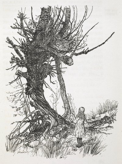 树上的柴郡猫低头看着爱丽丝 作者 亚瑟·拉克汉姆（Arthur Rackham）