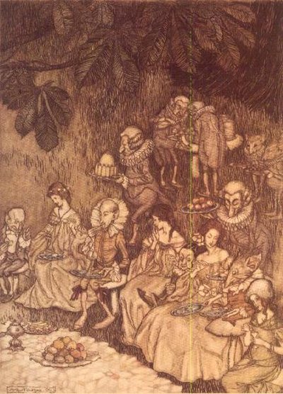 J.M. Barrie的《彼得-潘在肯辛顿花园》中的 "盛宴 作者 亚瑟·拉克汉姆（Arthur Rackham）