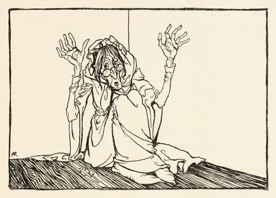 Hag坐在墙上，来自爱尔兰童话故事中的Morgans Frenzy 作者 Arthur Rackham