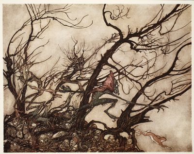印第安人认为他们是烈酒的居所，来自华盛顿欧文酒吧的Rip Van Winkle。 1910 作者 Arthur Rackham