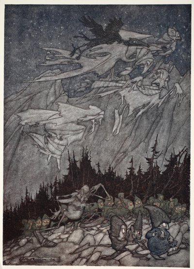 Kaatskill山一直被奇怪的生物所困扰，来自Rip Van Winkle，华盛顿欧文，酒吧。 1910 作者 亚瑟·拉克汉姆（Arthur Rackham）