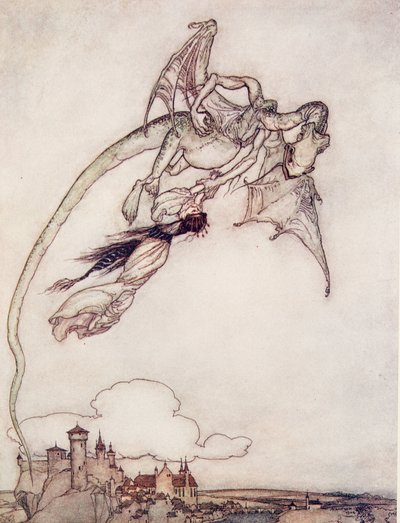国王唯一的女儿被格林兄弟的童话故事中的一条龙带走了。 1909年 作者 Arthur Rackham
