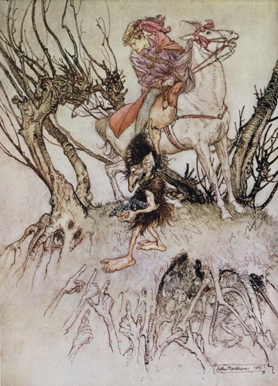骑士Hulbrand与侏儒，插图为故事&39;Undine&39;由男爵de la Motte Fouque，1909年 作者 Arthur Rackham
