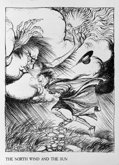北风和太阳，来自&39;Aesop&39;s Fables&39;的插图，由Heinemann出版，1912年 作者 亚瑟·拉克汉姆（Arthur Rackham）