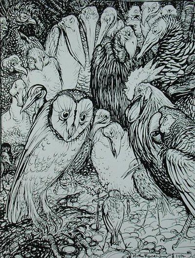 猫头鹰和小鸟，来自《伊索寓言》的插图，由海涅曼出版。 作者 亚瑟·拉克汉姆（Arthur Rackham）