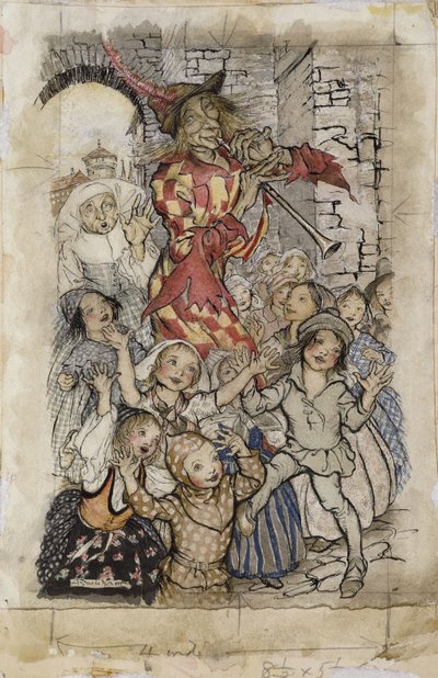 吹笛者和孩子们， 作者 亚瑟·拉克汉姆（Arthur Rackham）