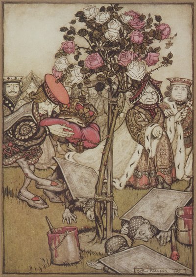 女王愤怒地转身背对着他，对流氓说：“把他们翻过来”，出自刘易斯·卡罗尔 (Lewis Carroll) 的《爱丽丝梦游仙境》(Alice