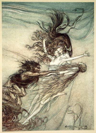 挑逗阿尔贝里希的莱茵女郎》，1910年。   作者 Arthur Rackham