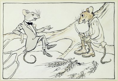 城镇鼠标和乡村鼠标，来自Aesops Fables的插图，1912年出版（笔和墨水在纸上用wc） 作者 亚瑟·拉克汉姆（Arthur Rackham）
