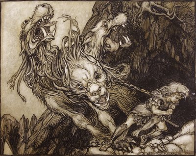 赫拉克勒斯的第十二次工作，来自希腊英雄的插图，由BG Niebuhr，1903年（钢笔和墨水在纸上） 作者 亚瑟·拉克汉姆（Arthur Rackham）