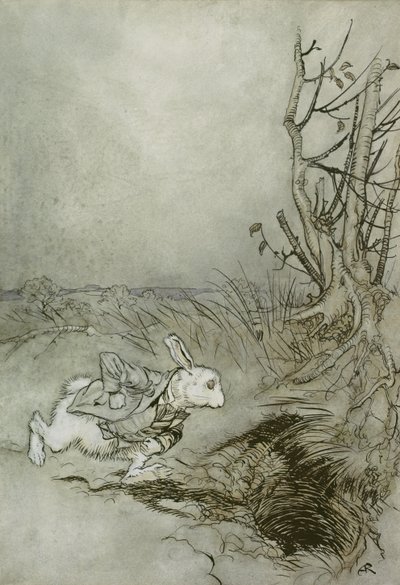白兔，1907年“爱丽丝梦游仙境”中的插图（笔，墨水和纸上写的） 作者 亚瑟·拉克汉姆（Arthur Rackham）