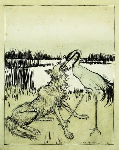 狼与鹤-伊索寓言，1912年 作者 亚瑟·拉克汉姆（Arthur Rackham）