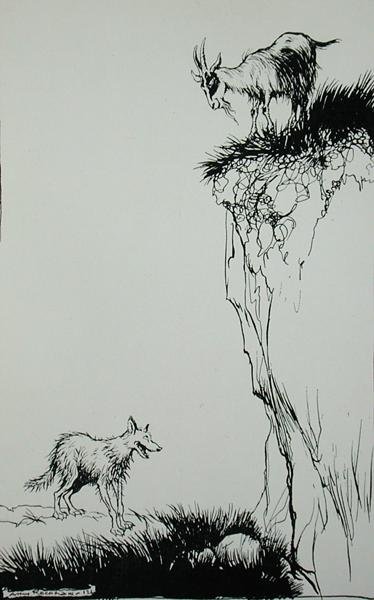 狼和羊》，来自《伊索寓言》的插图，由海涅曼出版。 作者 亚瑟·拉克汉姆（Arthur Rackham）
