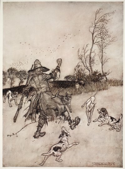 这些狗，也就是他认不出来的老人，在他经过时向他咆哮，来自华盛顿欧文酒吧的Rip Van Winkle。 1910 作者 亚瑟·拉克汉姆（Arthur Rackham）