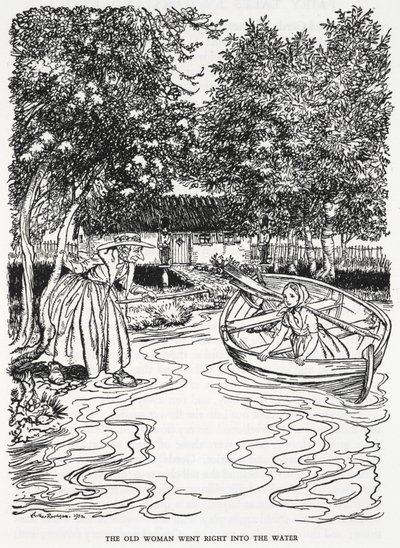“老妇人直接跳进了水里”。 “懂得魔法的女人的花园”的插图。 年轻的女孩格尔达在船上。 一位老妇人走进河里去帮助她。 作者 亚瑟·拉克汉姆（Arthur Rackham）