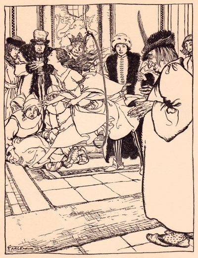 美丽的少女像小鹿一样轻盈地跳过了铁圈。 亚瑟·拉克姆 (Arthur Rackham) 插图，选自格林童话《三根羽毛》。 作者 亚瑟·拉克汉姆（Arthur Rackham）
