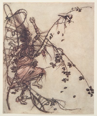 他玩的越快，她就越高，从格林兄弟的童话故事中跳出来吧。 1909年 作者 Arthur Rackham