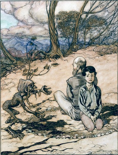 儿子做了一个圆圈，他的父亲和他在其中取得了位置，并出现了小黑人模特儿，来自格林兄弟童话中金山之王的插图， 作者 Arthur Rackham