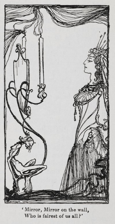雪绒花》（白雪公主）中照镜子的邪恶王后 作者 亚瑟·拉克汉姆（Arthur Rackham）