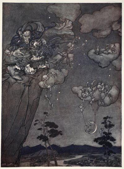 他们被一个古老的嘎嘎精神所统治，他们将天上的新卫星挂在天上，并将旧的卫星切成星星。来自华盛顿欧文酒吧的Rip Van Winkle。 1910 作者 亚瑟·拉克汉姆（Arthur Rackham）