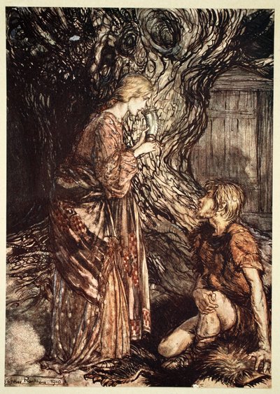 "请接受我的这杯愈合的蜂蜜水"，1910年。   作者 亚瑟·拉克汉姆（Arthur Rackham）