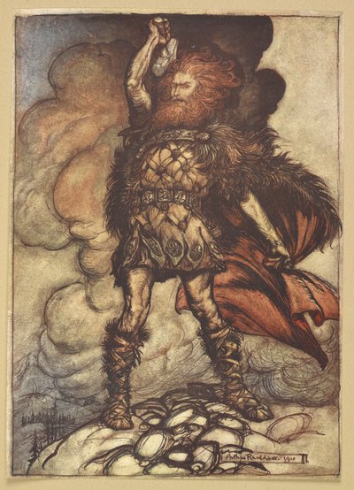 托尔举起锤子 作者 亚瑟·拉克汉姆（Arthur Rackham）