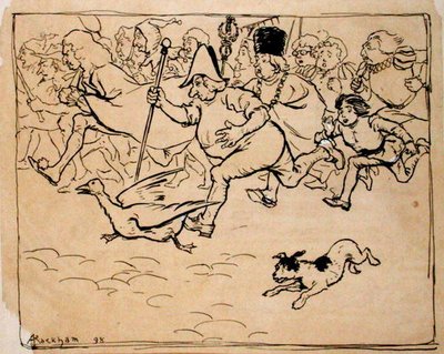 直到 "战场 "像集市一样蜂拥而至，插图来自《英戈兹比传奇，或欢乐与奇迹》，作者是托马斯-英戈兹比，1898年出版（纸上笔墨）。 作者 亚瑟·拉克汉姆（Arthur Rackham）