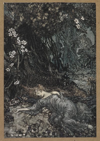 泰坦妮娅躺着睡着了。 《仲夏夜之梦》中的场景。 作者 亚瑟·拉克汉姆（Arthur Rackham）