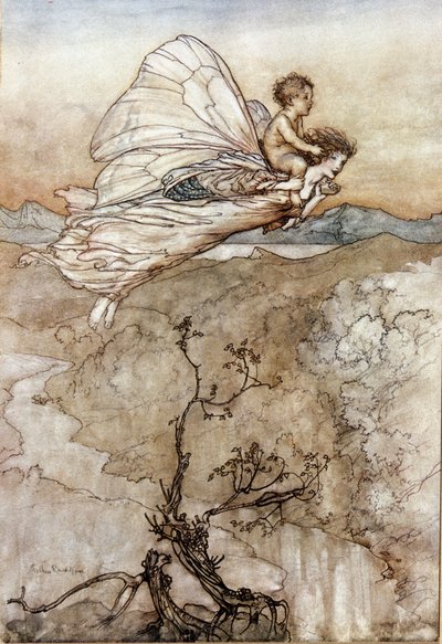 Titania the Queen of Fees 背着她的 Changelin 孩子飞行。 亚瑟·拉克汉姆 (1867-1939) 为威廉·莎士比亚的夏夜之梦绘制的插图 作者 Arthur Rackham