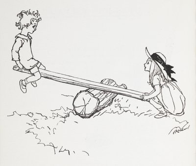 两个孩子在锯木架上 作者 亚瑟·拉克汉姆（Arthur Rackham）