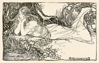 凝视着水面的恩迪娜，来自《恩迪娜》。 作者 亚瑟·拉克汉姆（Arthur Rackham）