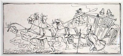 是什么让今天的马车如此沉重？"，插图来自《英戈兹比传奇，或欢乐与奇迹》，作者托马斯-英戈兹比，1898年出版（纸上笔墨）。 作者 亚瑟·拉克汉姆（Arthur Rackham）
